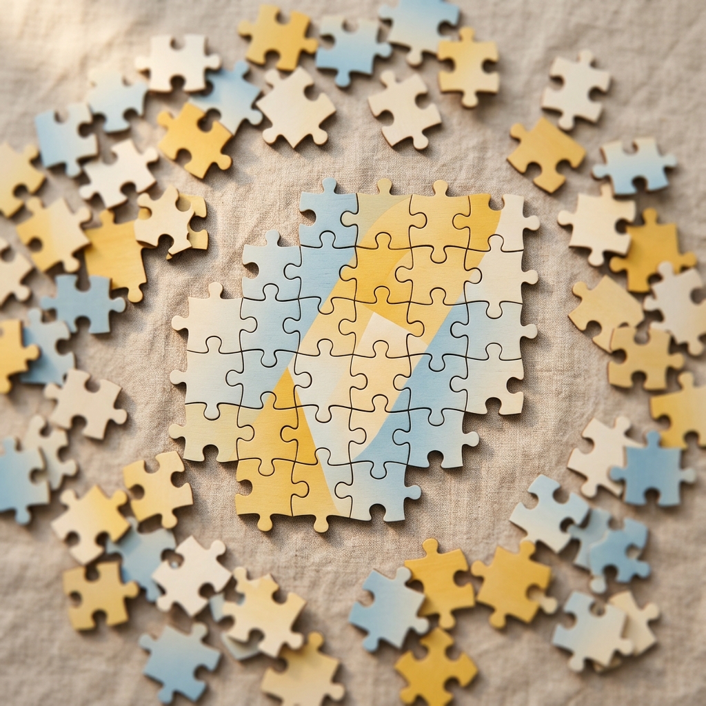 Puzzle pieces assembling into organized pattern