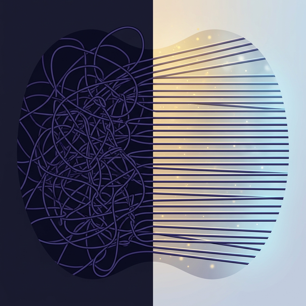 Visual metaphor of chaos transforming into organized clarity