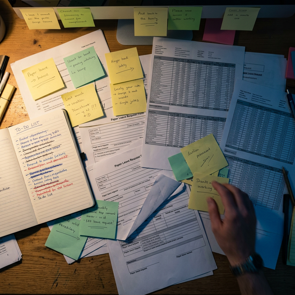 Scattered HR documents and spreadsheet chaos