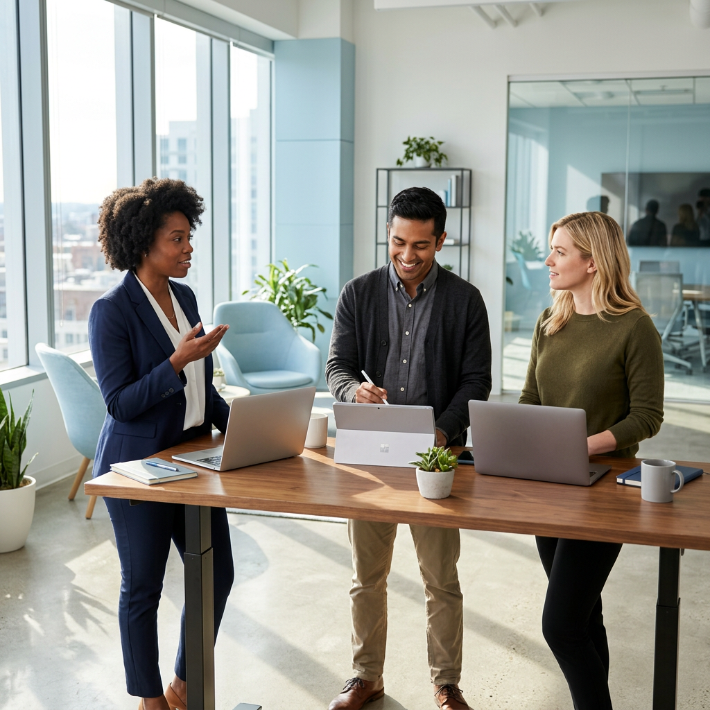 Team collaborating on workforce strategy at standing desk