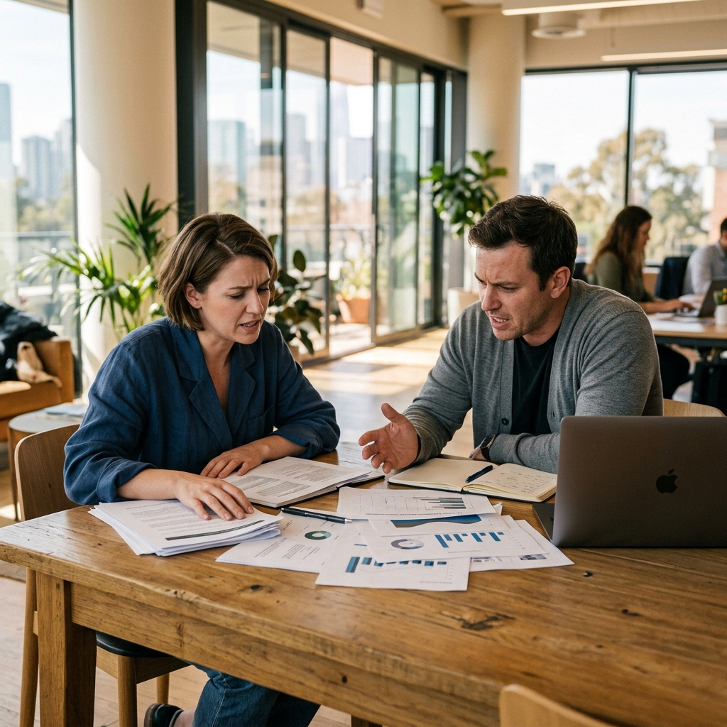 Startup founder and ops lead examining scattered HR spreadsheets