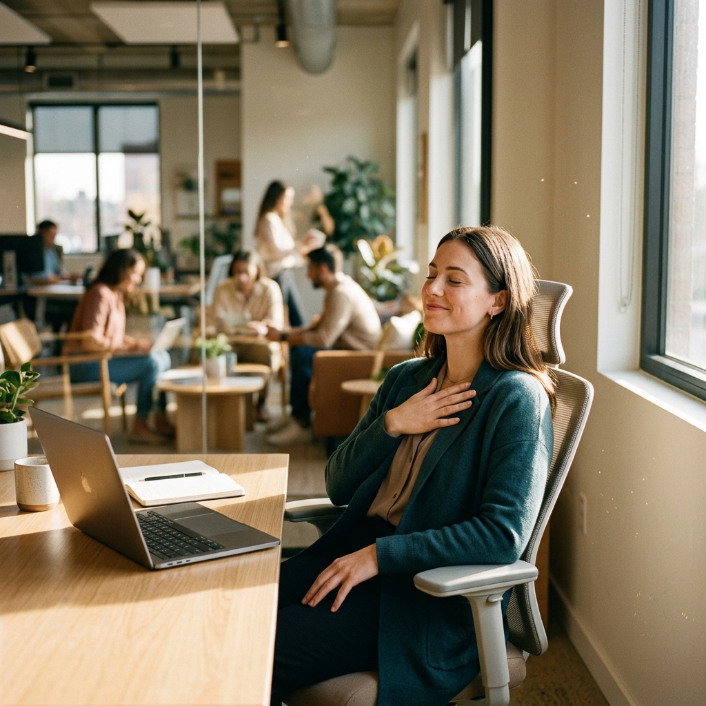 HR professional experiencing relief and clarity at their desk