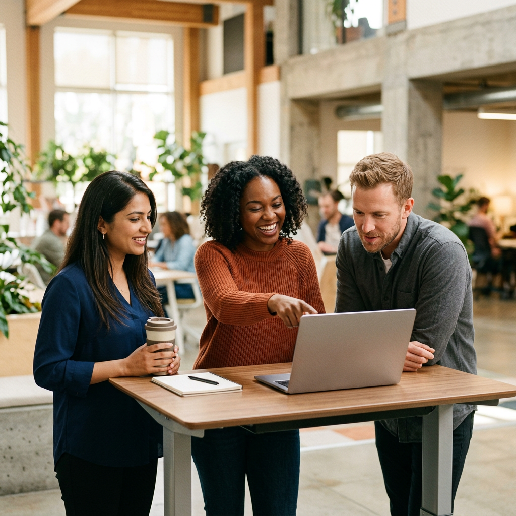 Diverse team collaborating and laughing at standing desk