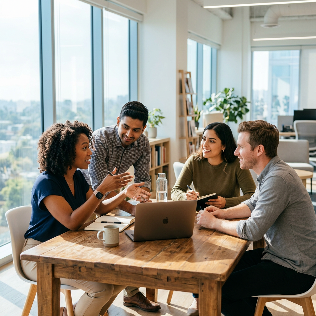 Team collaborating around table with laptop