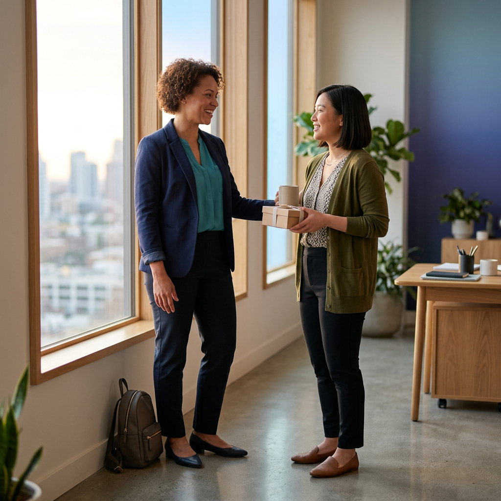 Two colleagues having a warm departure conversation
