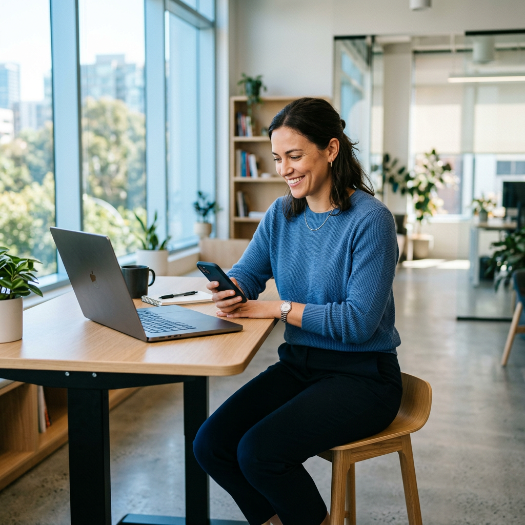 Professional checking phone at standing desk