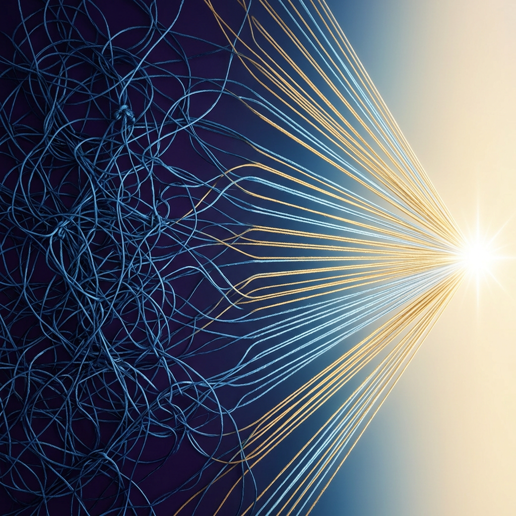 Tangled threads organizing into clear, ordered lines