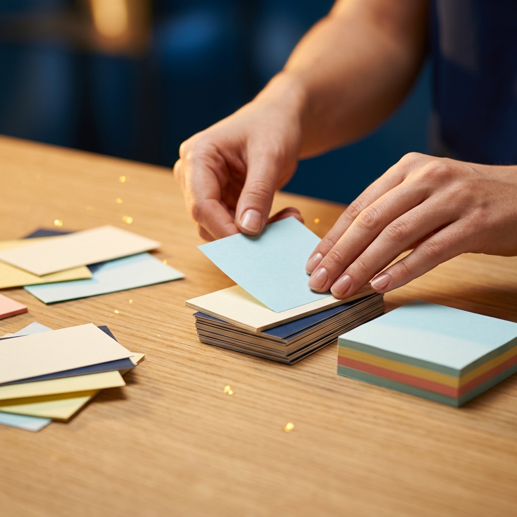Hands organizing documents into structured piles