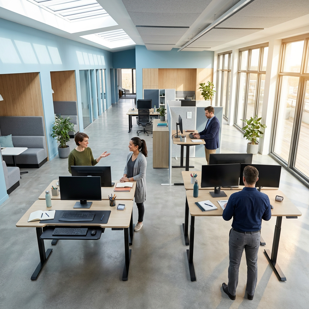 Aerial view of modern open office workspace