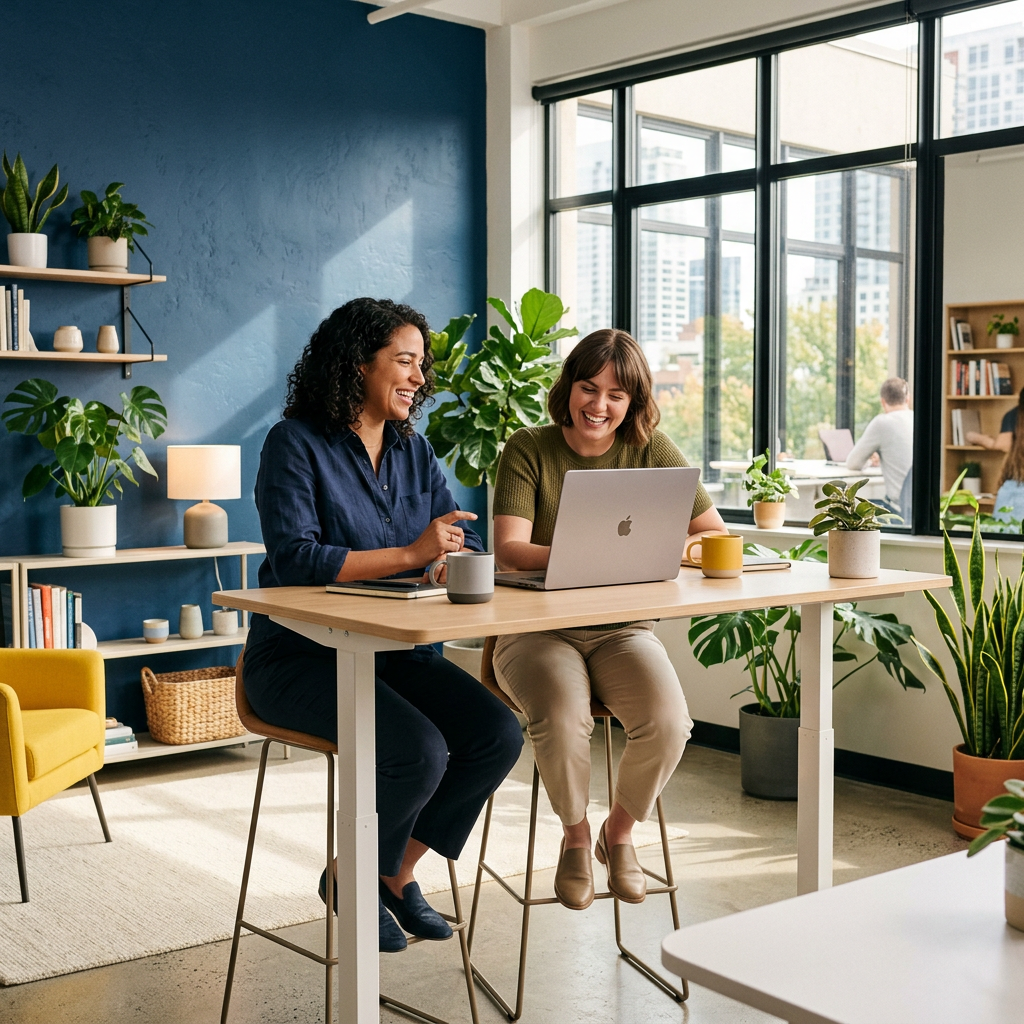 Ops lead and founder in relaxed conversation at standing desk