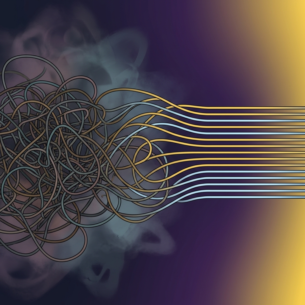 Visual metaphor of chaos organizing into structured clarity