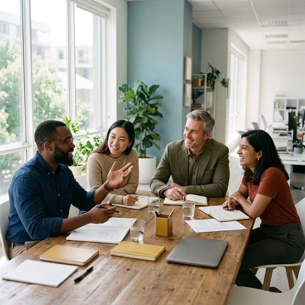 Team collaborating at table in modern office