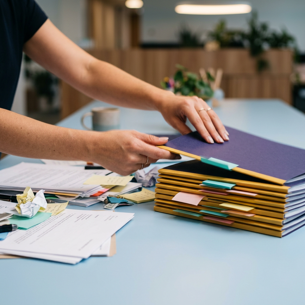 Hands organizing scattered documents into order
