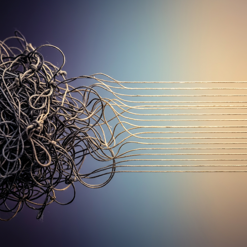 Tangled threads untangling into organized lines