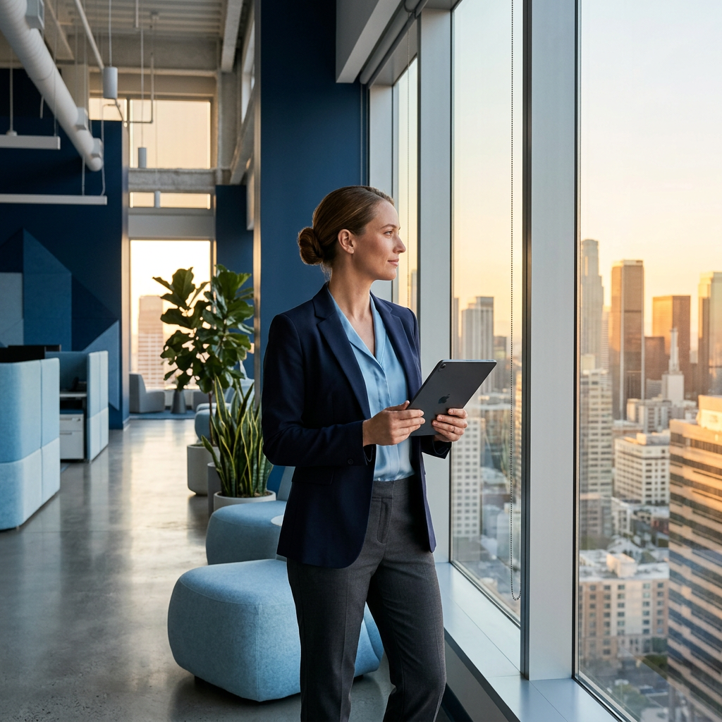 Person at window holding tablet, gazing forward confidently