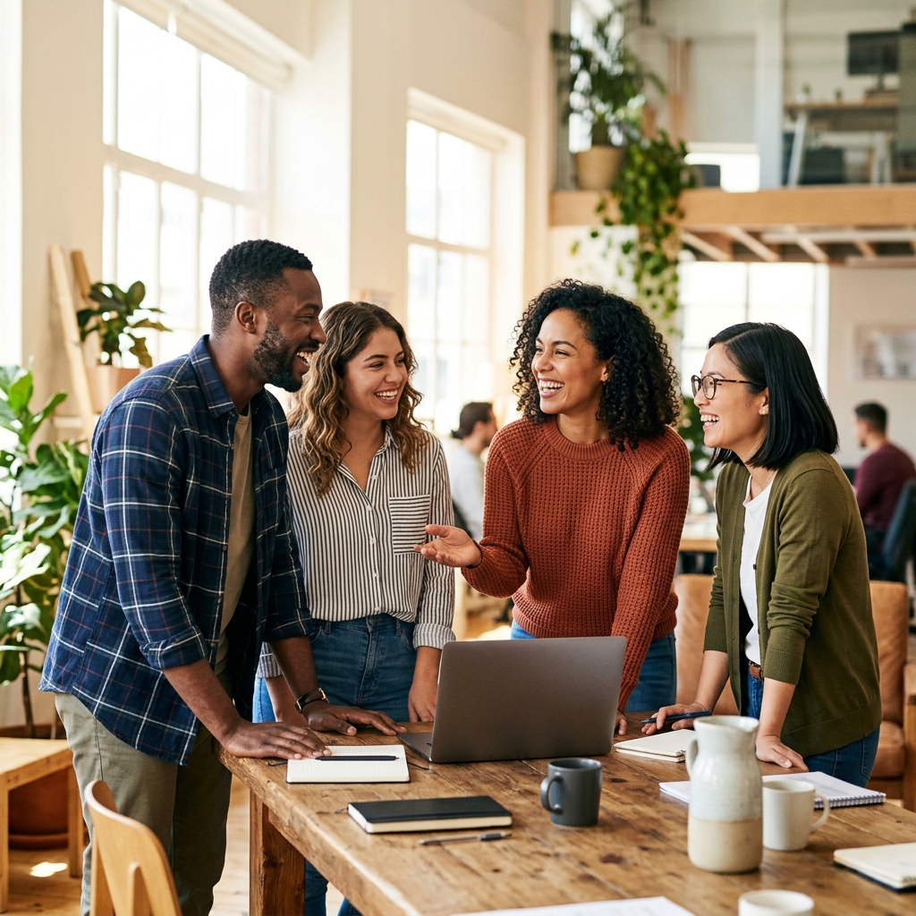 Diverse team laughing together around collaborative table