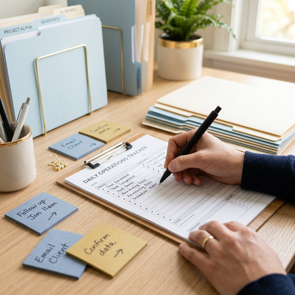 Hand writing organized checklist on tidy workspace