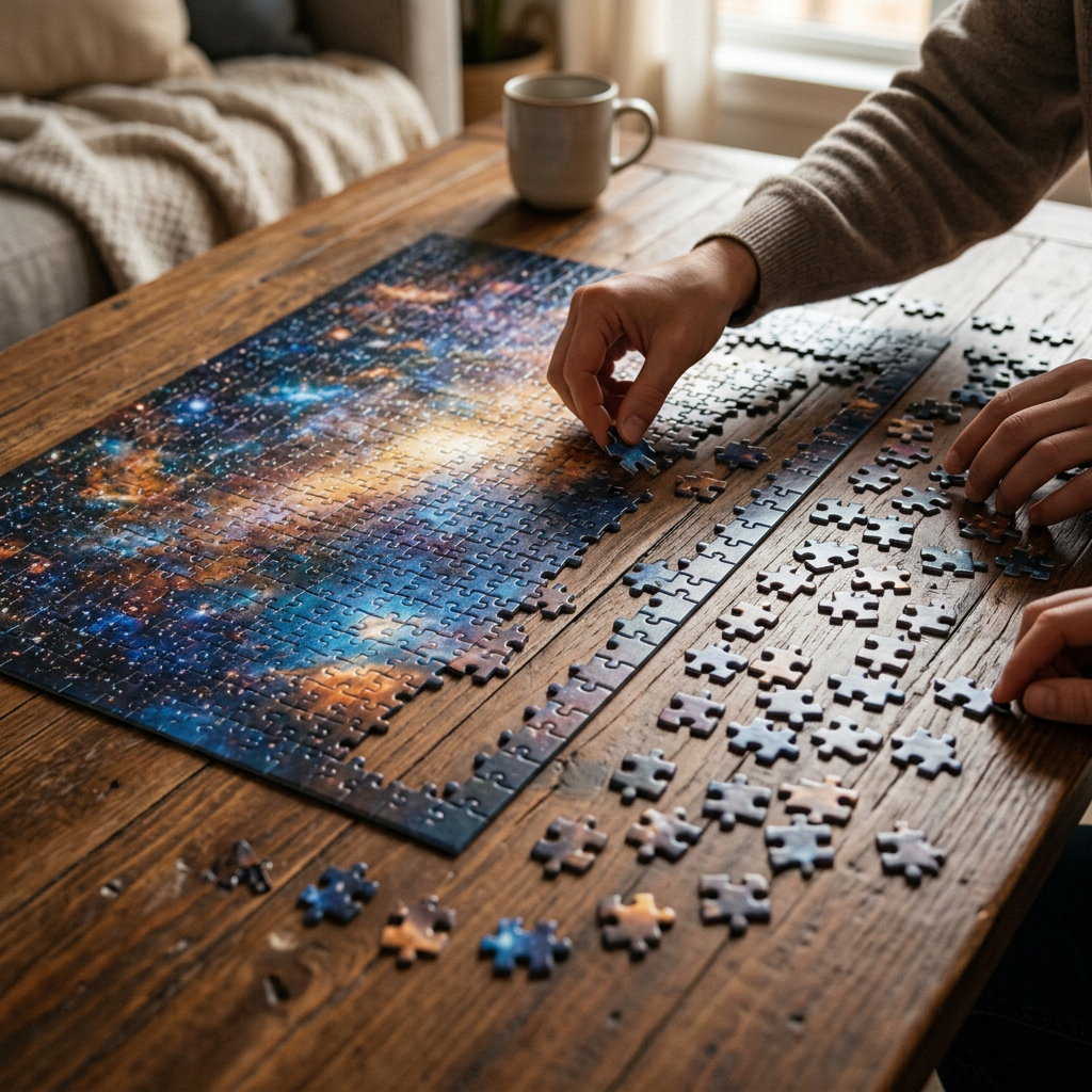 Puzzle pieces coming together in organized pattern
