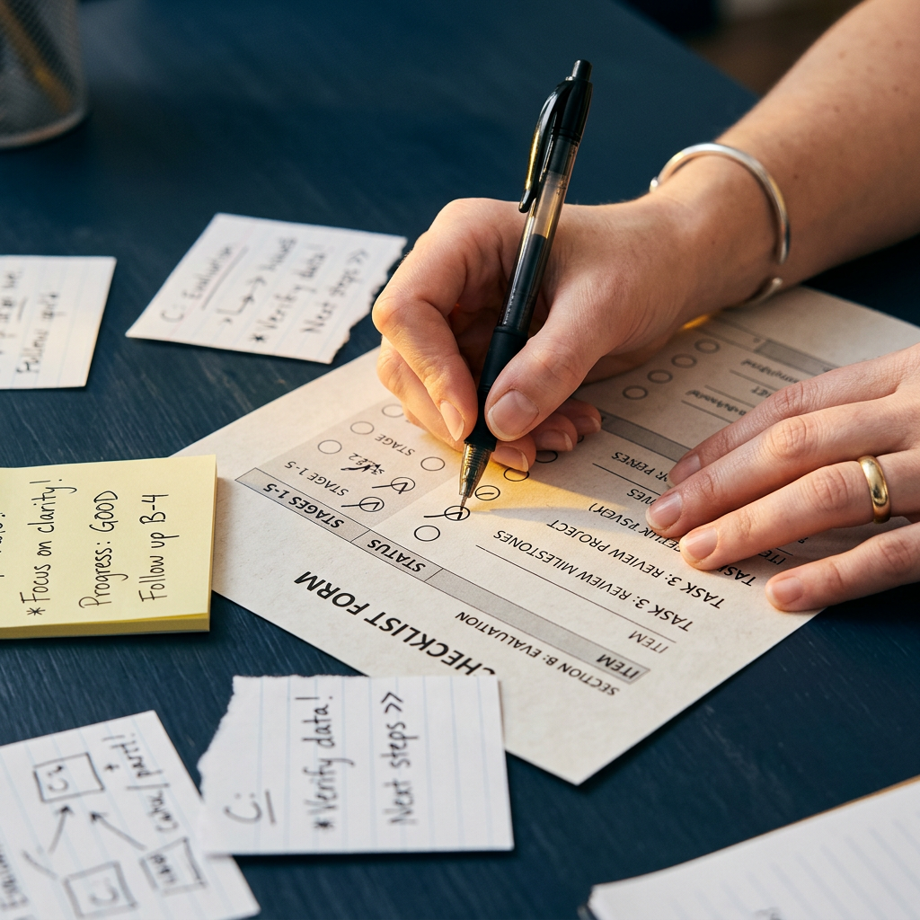 Hand checking off evaluation criteria on HR platform guide