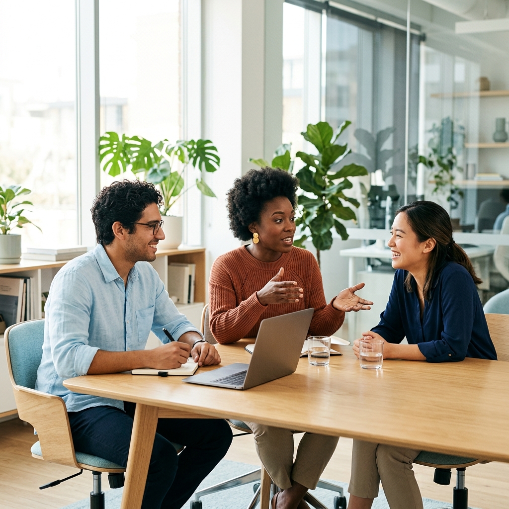 Team leads collaborating around table in bright office