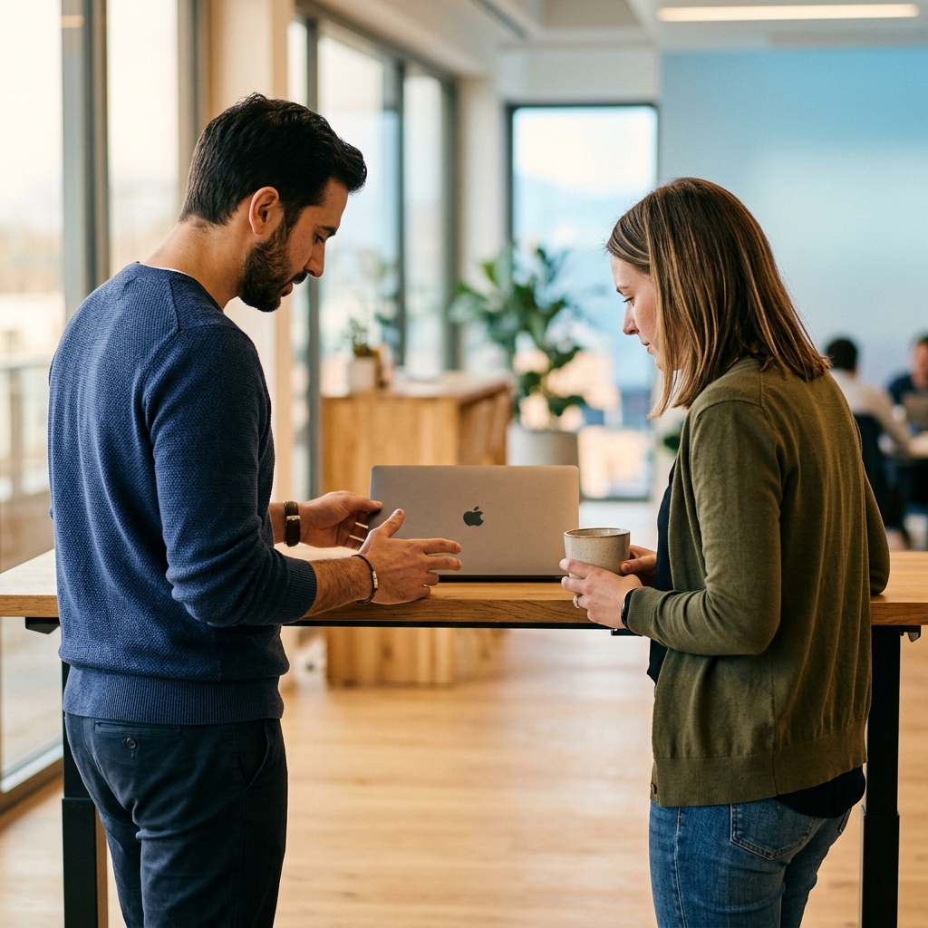Colleagues reviewing work at standing desk together