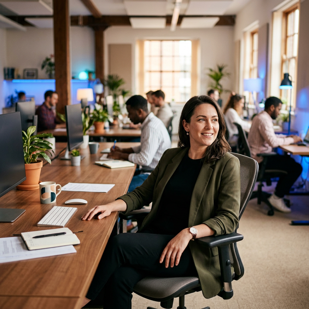 Leader reflecting with ease in organized workspace