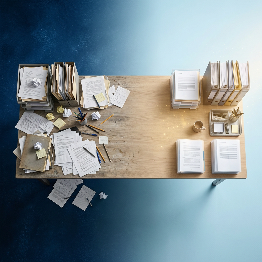 Messy workspace transforming into organized system
