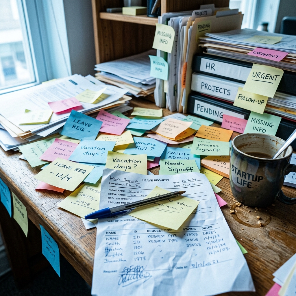 Cluttered desk with scattered employee records and notes