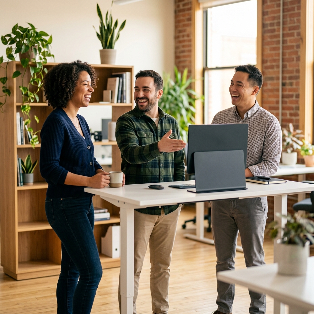 Diverse team collaborating and laughing at standing desk
