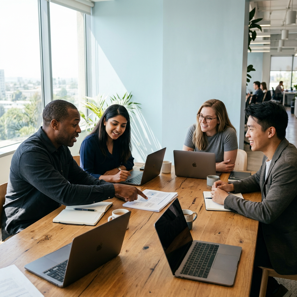 Small team collaborating around a table in bright office
