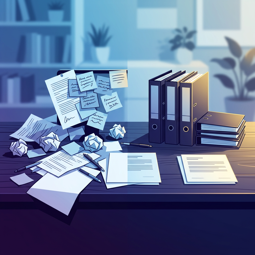 Desk workspace shifting from messy to organized state