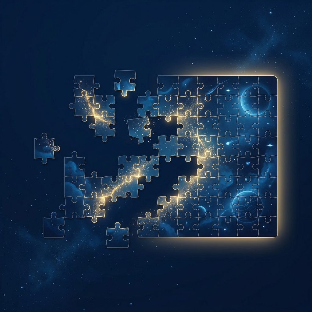 Puzzle pieces coming together in organized formation