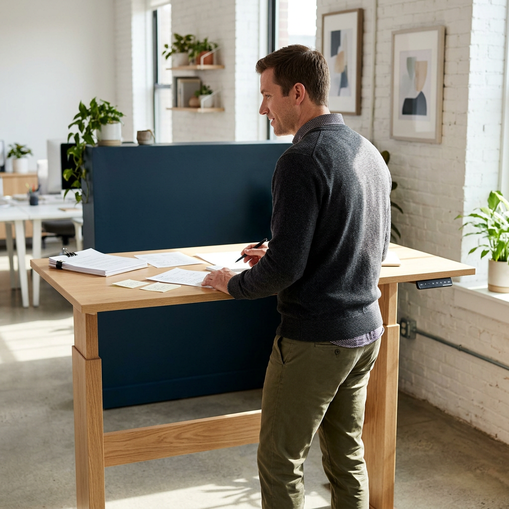 Professional casually reviewing work at standing desk