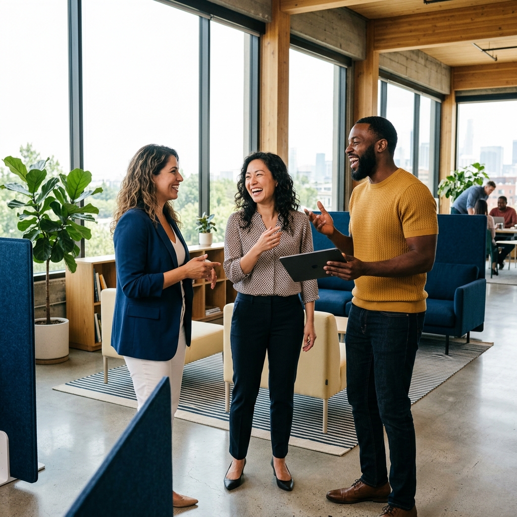 Diverse team members engaged in collaborative workspace