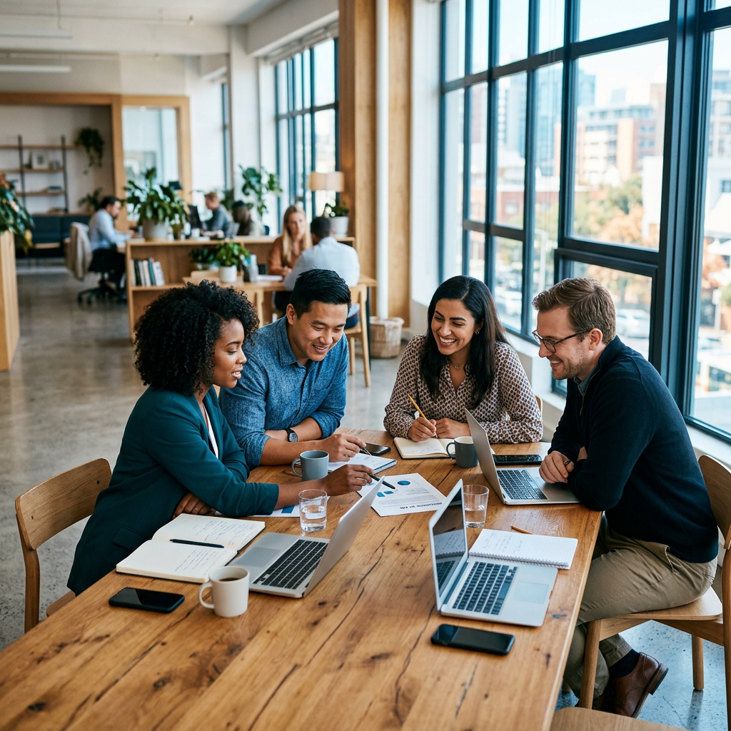Small team collaborating around a table with laptops