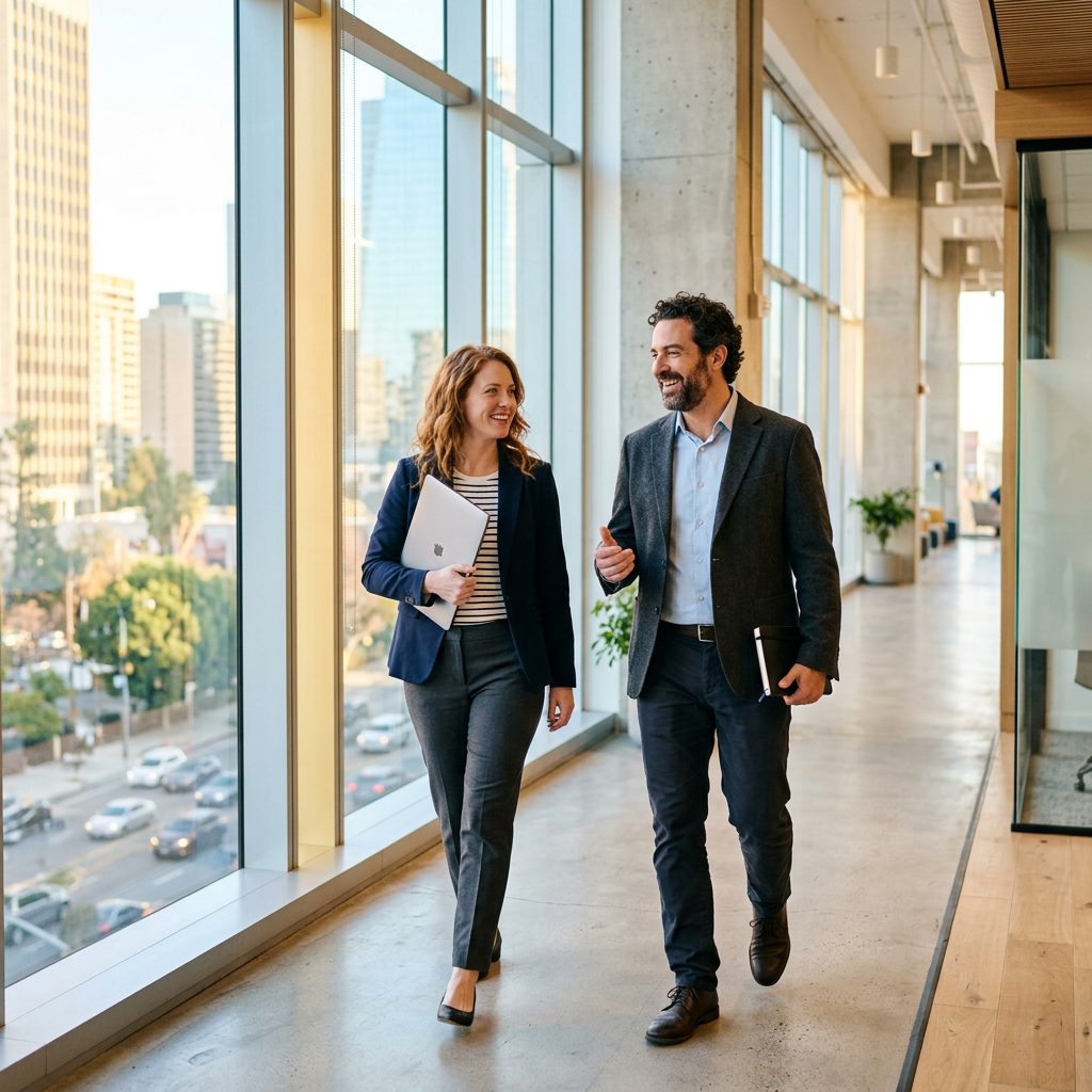 Two leaders walking and conversing in bright office