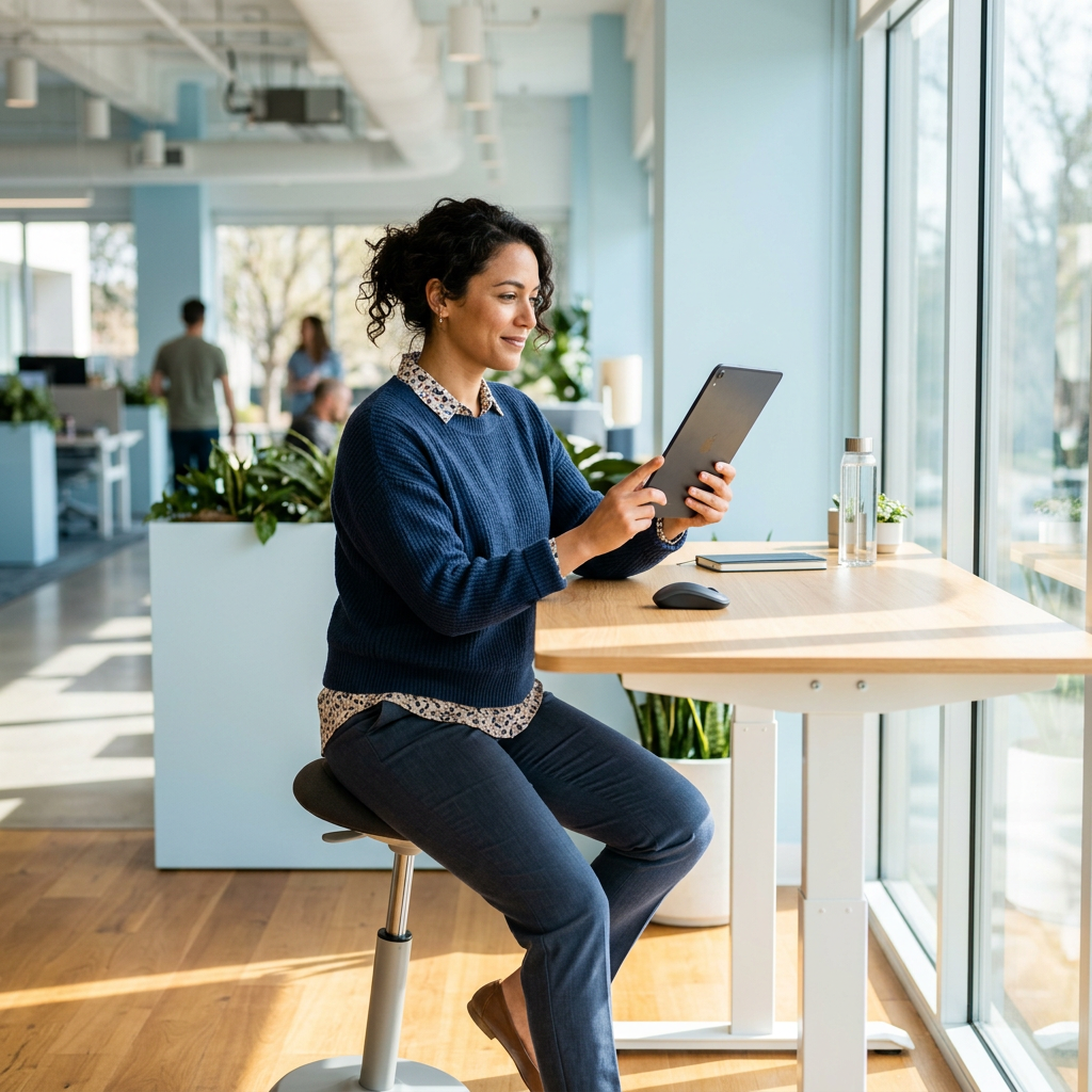 Operations lead reviewing work at a standing desk