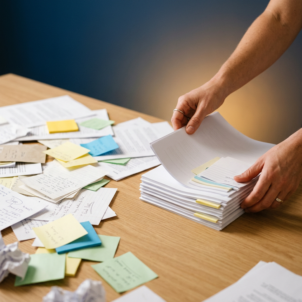 Hands organizing papers into structured stacks