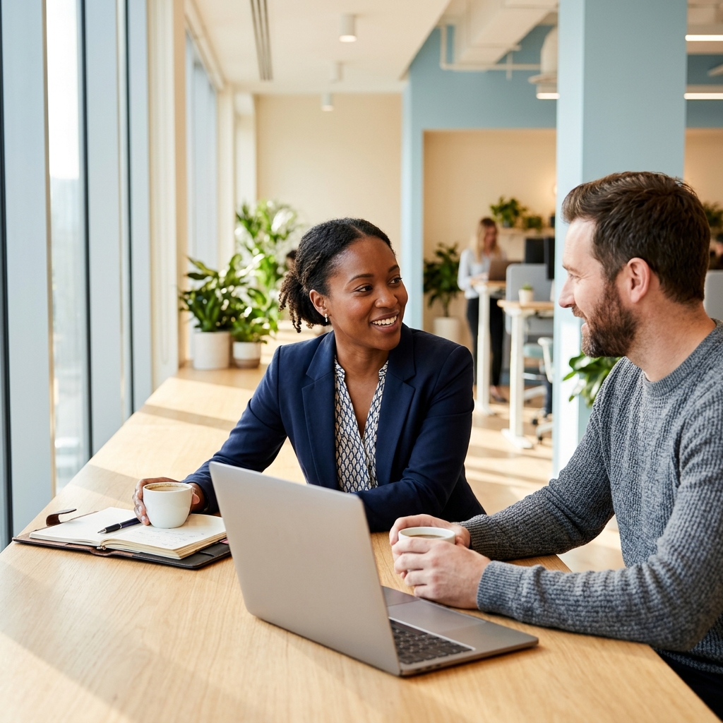 Ops lead and founder discussing leave policy over laptops
