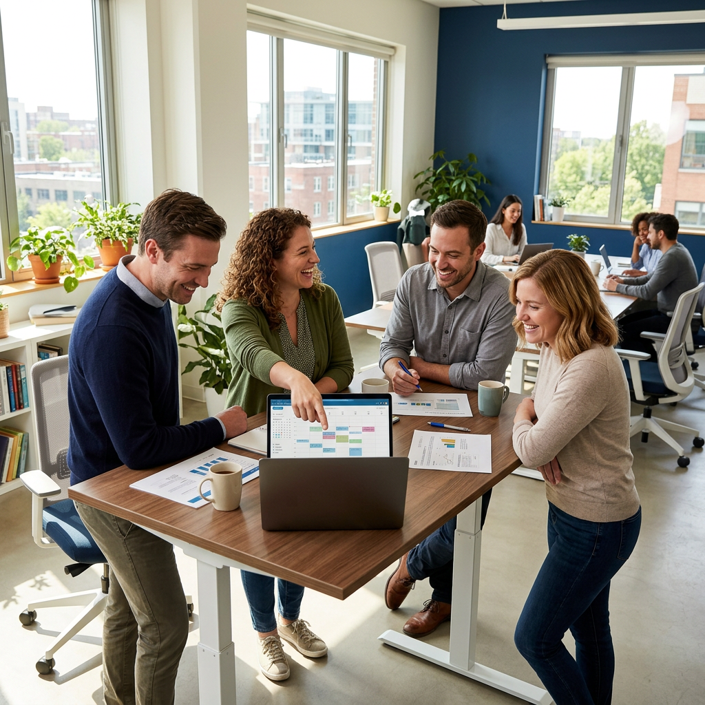Team gathered around desk reviewing organized leave schedule together