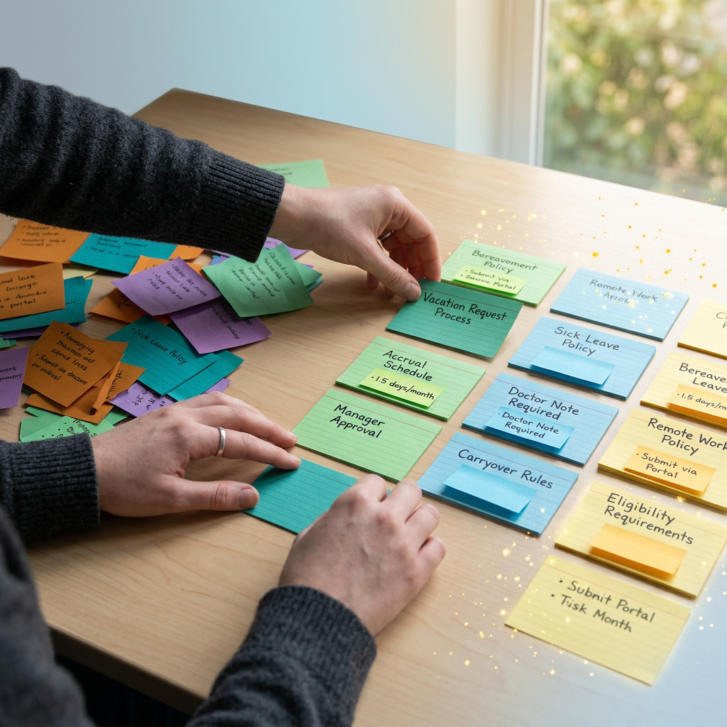 Scattered notes organizing into structured leave policy categories