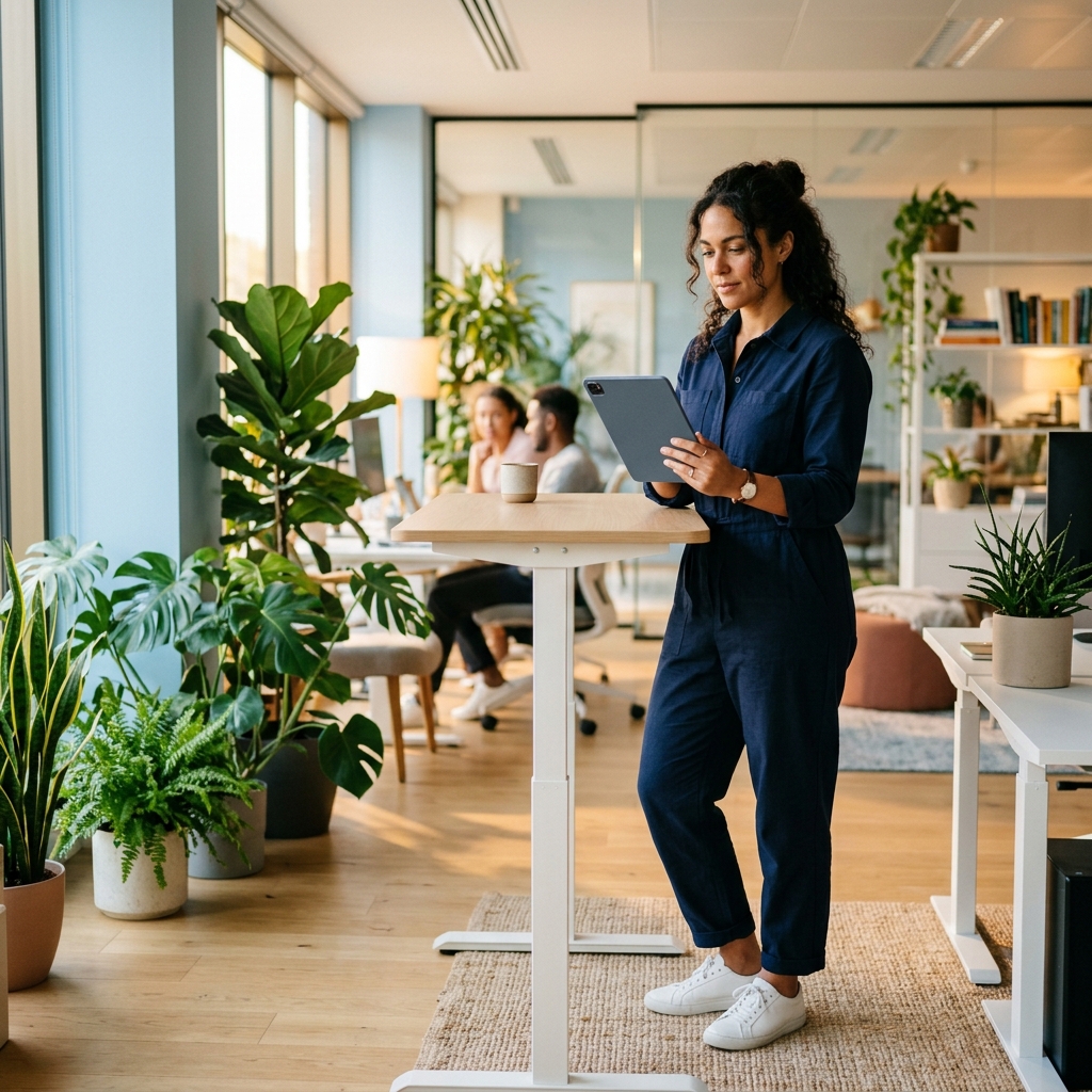 Professional reviewing HR platform options at standing desk