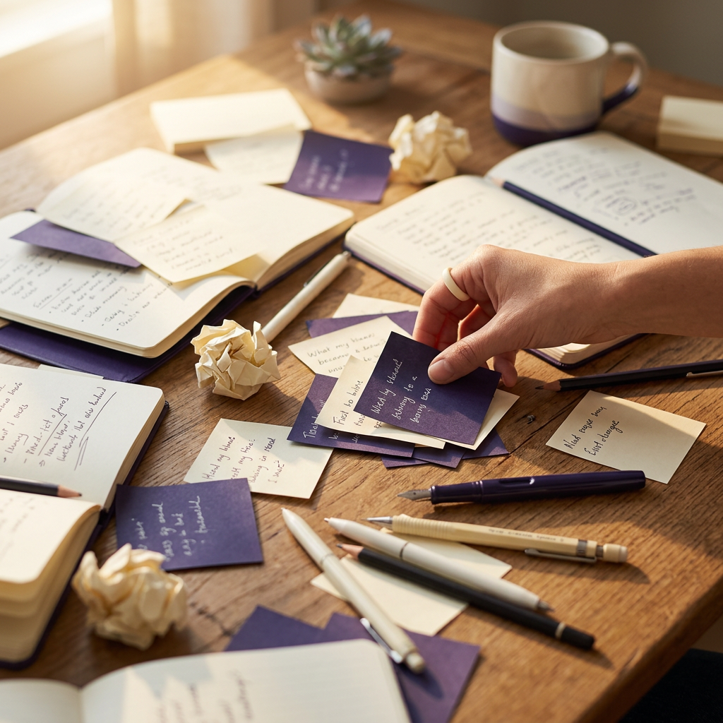 Hand organizing scattered papers and notes on desk
