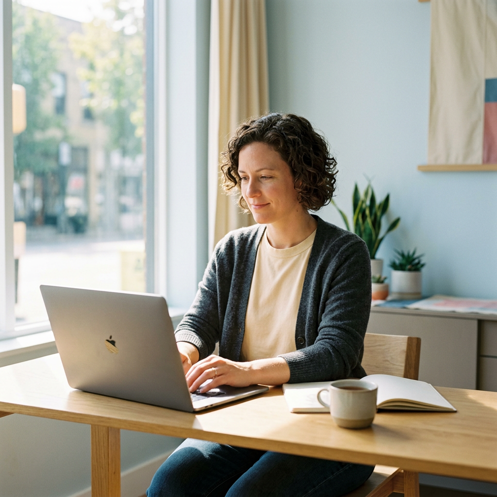Person working calmly at laptop in bright workspace