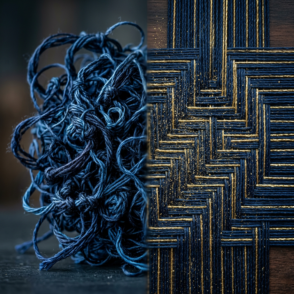 Tangled threads transforming into organized pattern