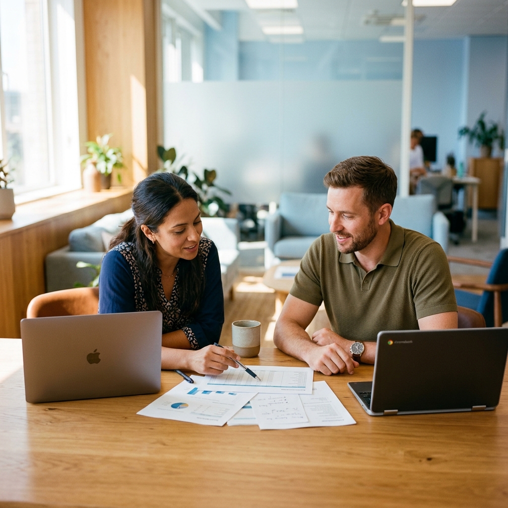 Two professionals reviewing HR software pricing documents together