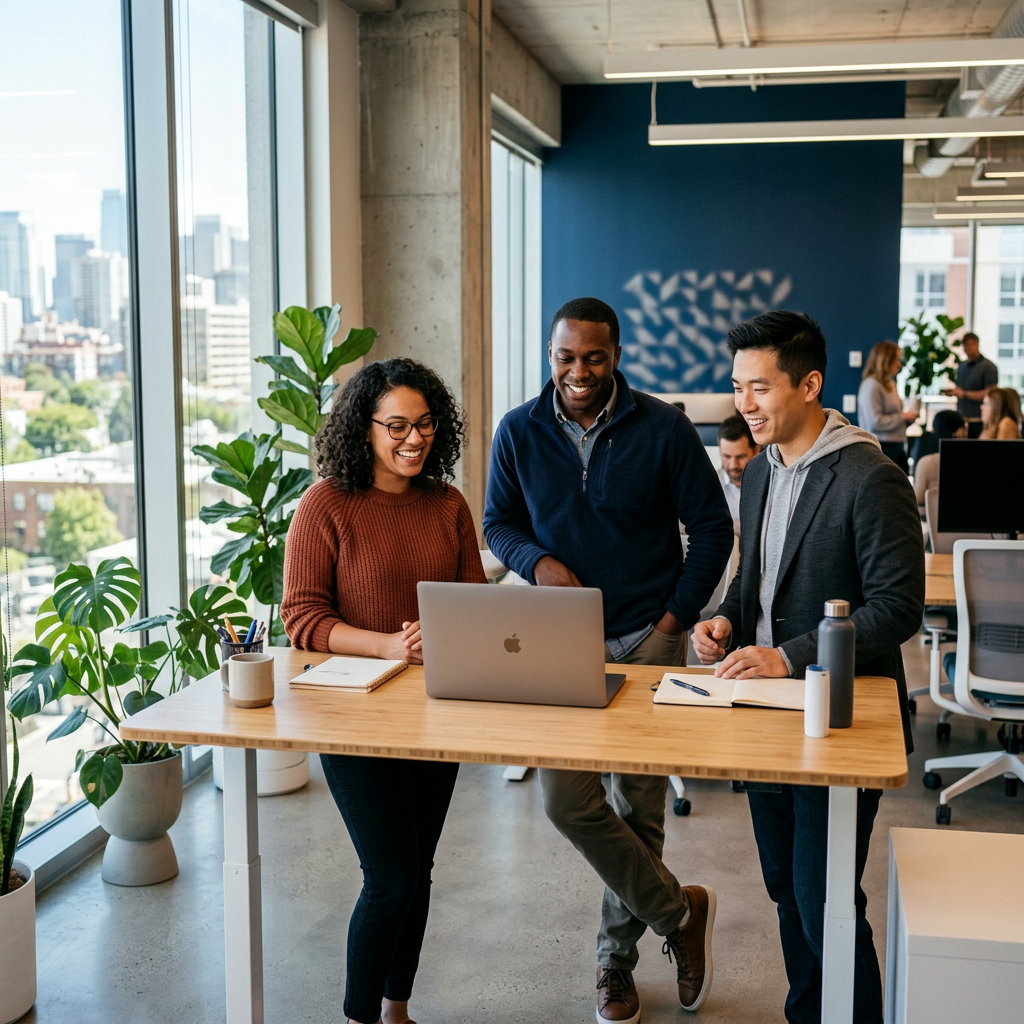 Small team reviewing HR software options in a modern office setting