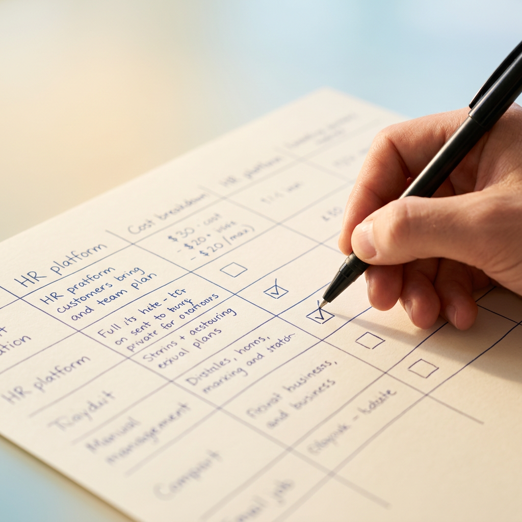Marking pricing comparisons on an HR software evaluation checklist
