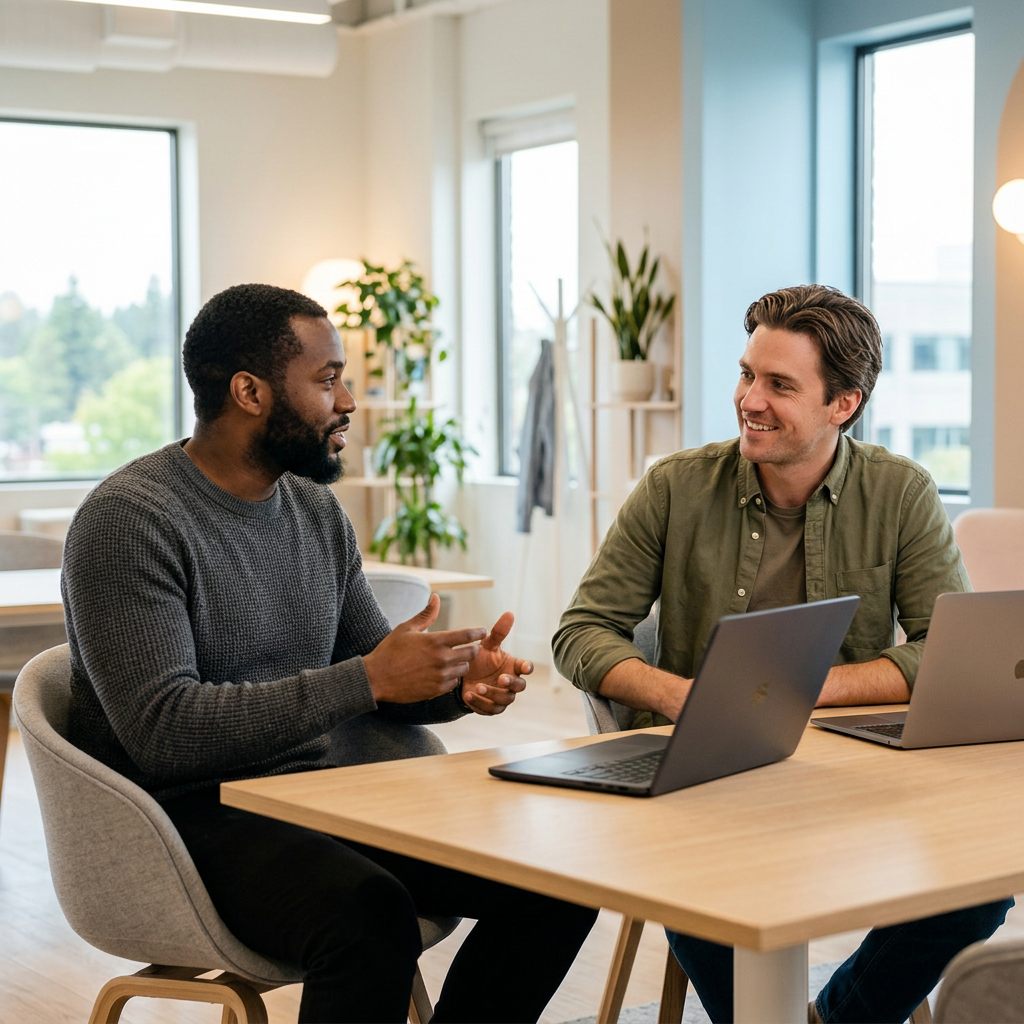 Founder and ops lead discussing HR strategy together