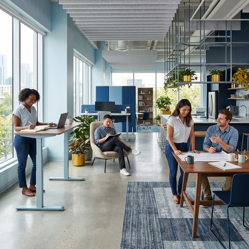 Small team moving forward in organized, collaborative workspace